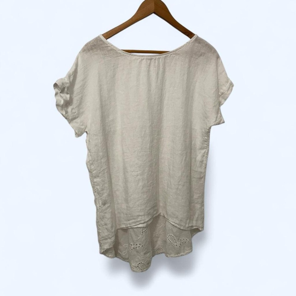 Terzo Millennio White Short Sleeve Womens Top 100% Linen Lagenlook Summer Eyelet